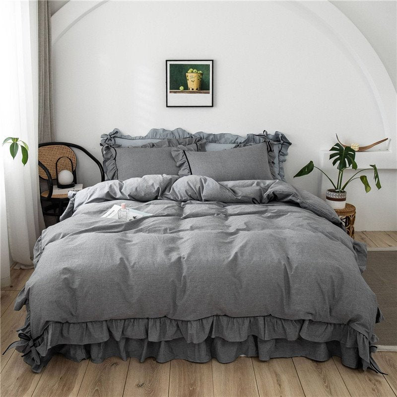 4-teiliges Bettwäsche-Set/Bettbezug-Set mit Schleife und Rüschen, einfarbig, 1 Bettrock, 1 Bettbezug, 2 Kissenbezüge, weiche, bequeme, strapazierfähige Baumwolle