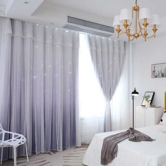Romantic Princess Color Gradient Star Hollowed-out Custom Blackout Curtain Cloth and Sheer Sewing Together Double Pinch Pleat Curtain
