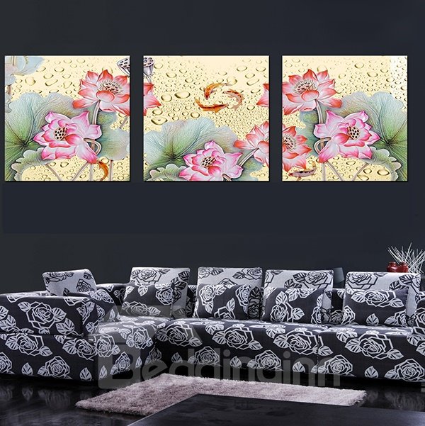 Gorgeous Lotus Flowers Pattern 3-Panel Canvas Wall Art Prints