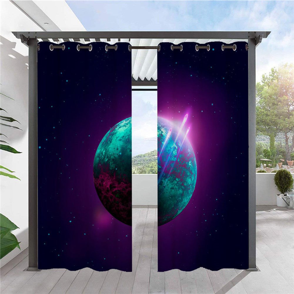 Cortinas modernas moradas para exteriores, galaxia, planeta, paisaje 3D, cabaña, cortina superior con ojal, impermeable, a prueba de sol, aislante térmico, 2 paneles