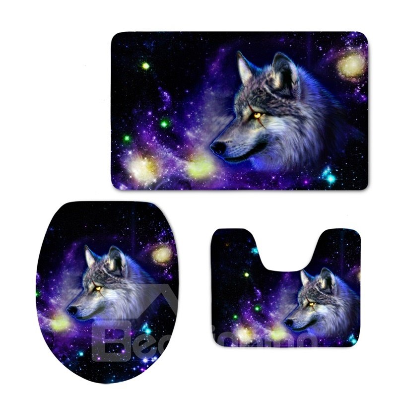 Wolf Galaxy Pattern 3-Piece Flannel PVC Soft Water-Absorption Anti-slid Toilet Seat Covers