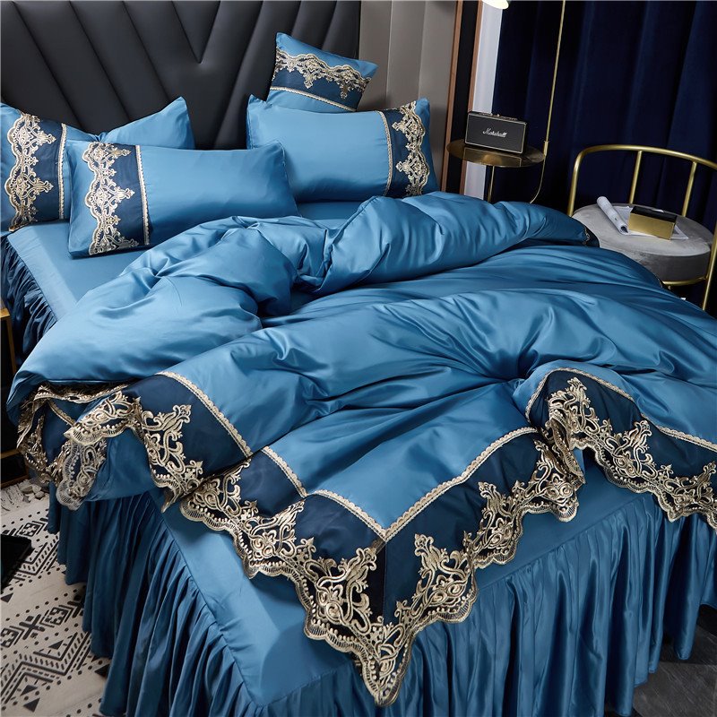 Gold Silk Embroidery Lace Bedding Set Polyester Soft Heavyweight Non-Slip Protective Cover 1 Duvet Cover 1 Bed Skirt 2 Pillowcases Gray
