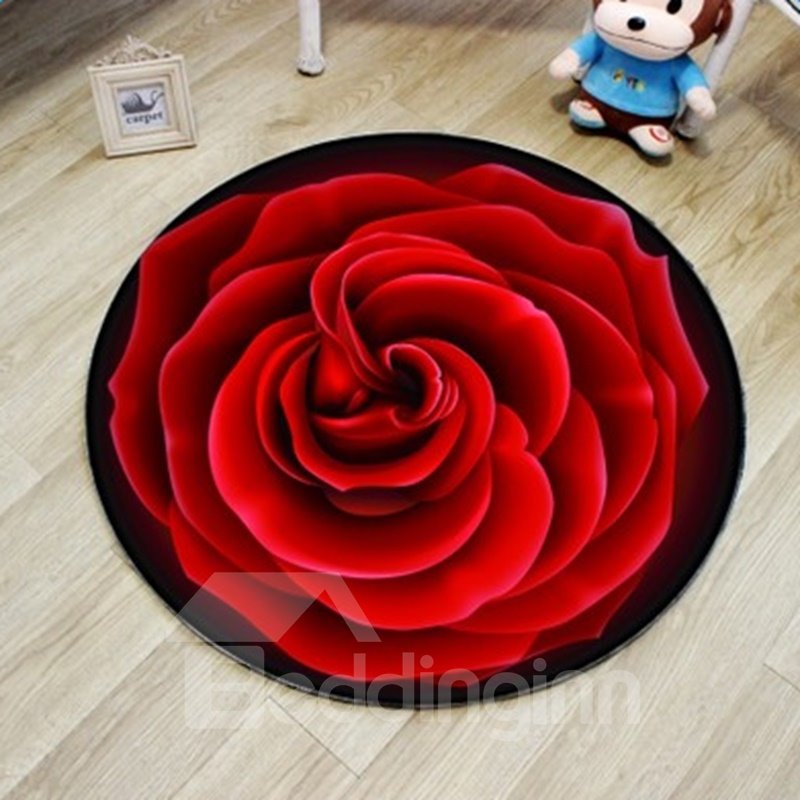 Gorgeous Round Rose Pattern Blended Washable Water Absorption Decorative Area Rug