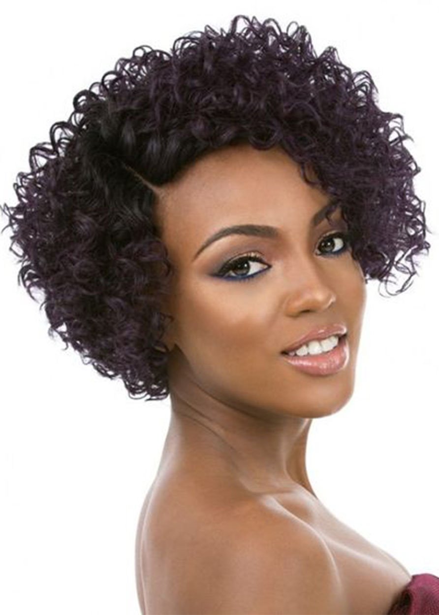 Women's Side Part Short Length Kinky Curly Synthetic Hair Capless Wigs 14inch