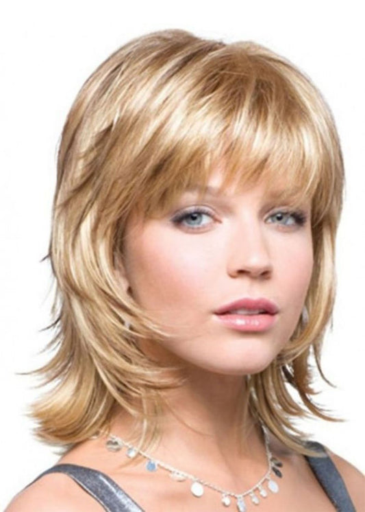 Wavy Synthetic Hair Capless 14 Inches 120% Wigs Heat Resistant Natural Looking Daily Party Wigs Cosplay Wigs with Natural Bangs with Free Wig Cap