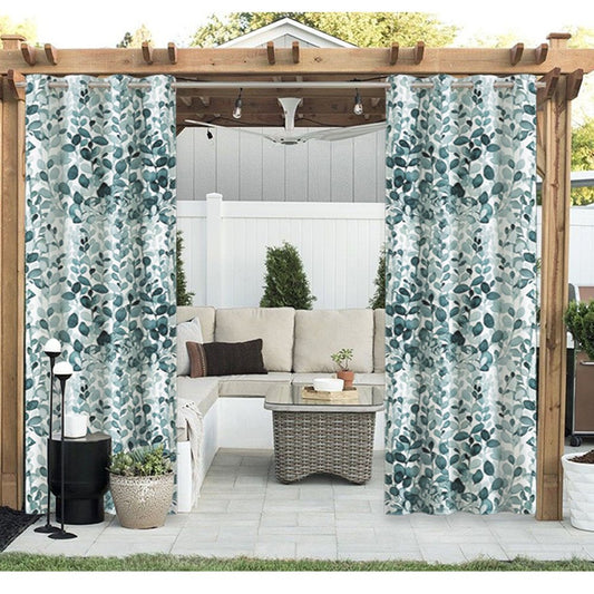 Modern Outdoor Curtains Green Watercolor Leaves Grommet Top Cabana Curtain Waterproof Sun-proof Heat-insulating 1 Panel