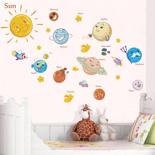 Space Planet Wall Stickers Decals Removable Solar System Watercolor Space Vinyl Wall Stickers for Kids Nursery Bedroom Living Room