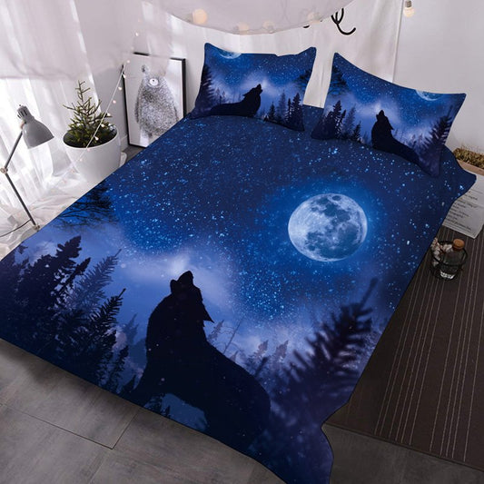 Howl of a Wolf 3D Animal 3Pcs Comforter Set/Bedding Set with 2 Pillow Shams Ultra-soft Lightweight Warm Comforter Blue