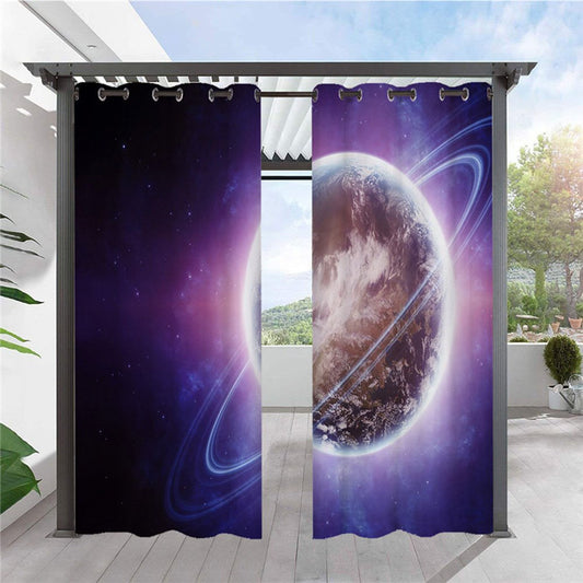 Modern 3D Printed Outdoor Curtains Purple Planet Cabana Grommet Top Curtain Waterproof Sun-proof Heat-insulating 2 Panels