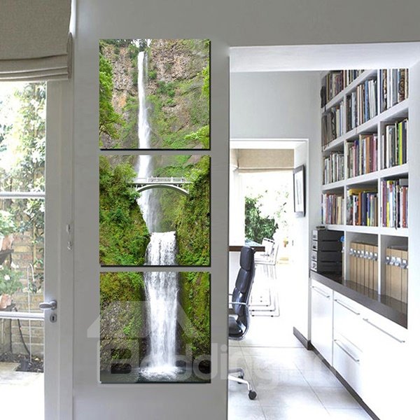 20 x 20 Zoll x 3 Felder, grüne Pflanzen auf Bergen und Wasserfall, 3-teilige, gerahmte Wanddrucke zum Aufhängen