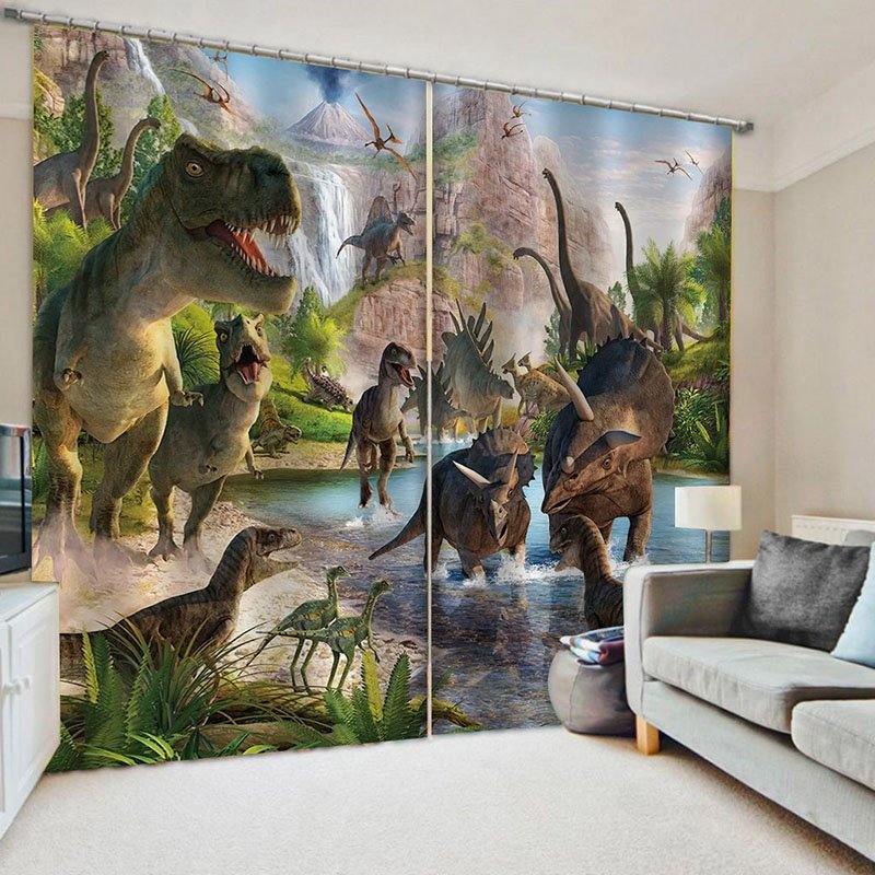 Dinosaurier-Verdunkelungsvorhänge, 3D-Fensterdekorationen, Tier- und Pflanzendruck, Vorhänge, Paneele für Wohnzimmer, Schlafzimmer, Fenstervorhänge, 2 Paneele-Set, Heimdekoration