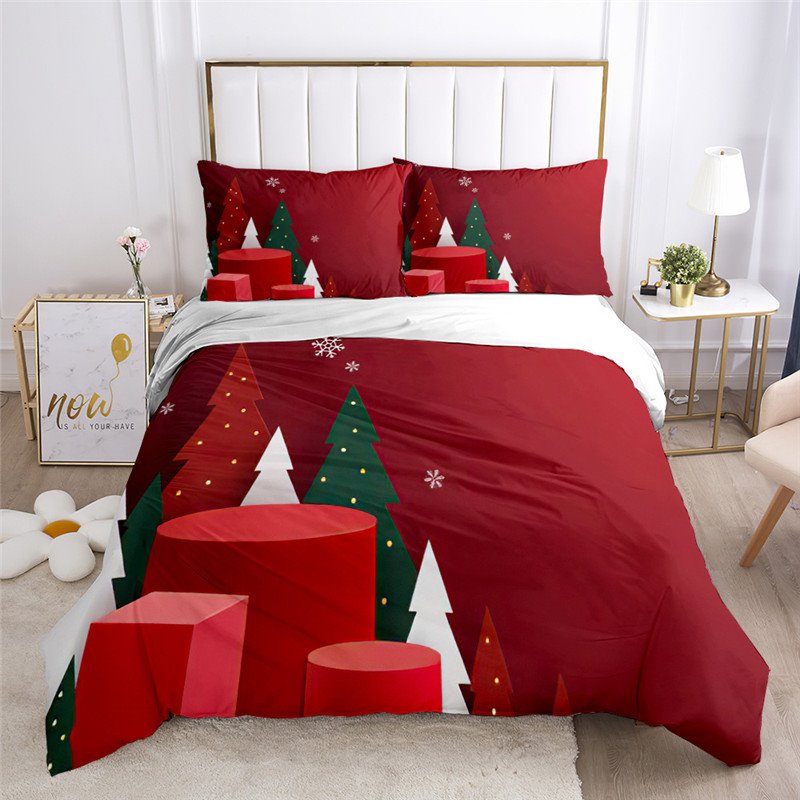 Festive Christmas Tree Snowflake 3-Piece Duvet Cover Set 3D Red Bedding Set Soft Skin-friendly Polyester New Year Gift