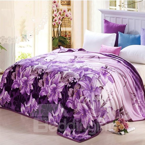 Graceful Noble Purple Lily Print Coral Fleece Blanket