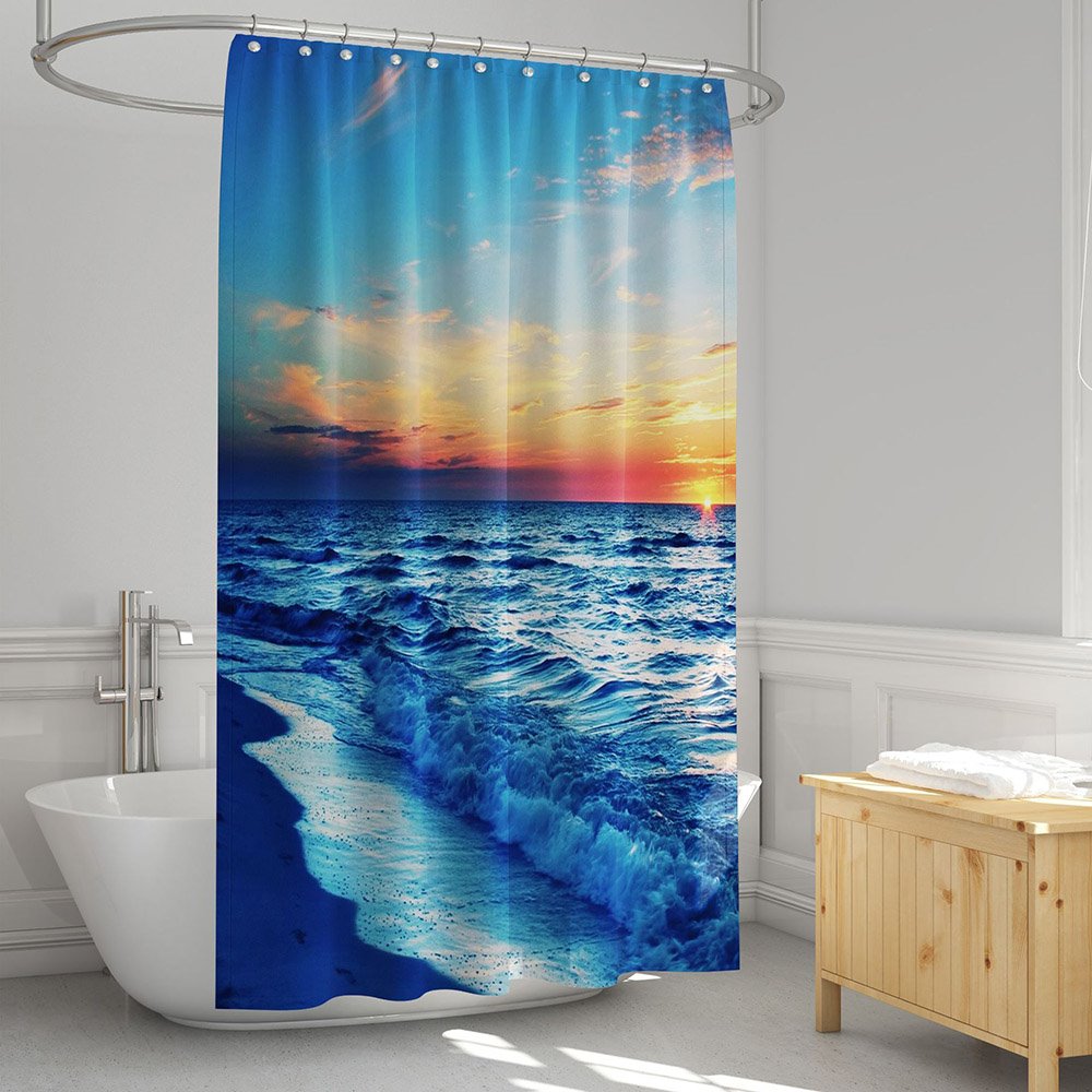 3D-gedruckter Küsten-Sonnenuntergang-Duschvorhang mit Meereslandschaft, Badezimmer-Trennvorhang, langlebig, wasserdicht, schimmelresistentes Polyester