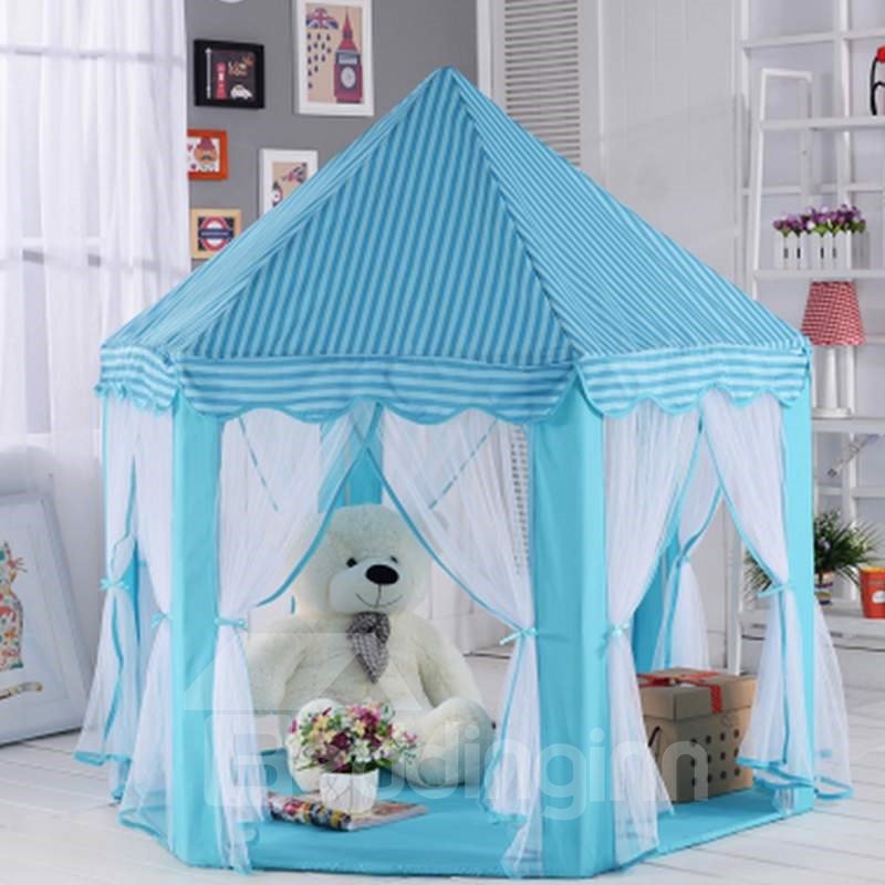 Tienda interior para niños azul antimosquitos estilo princesa hexangular con patrón de rayas