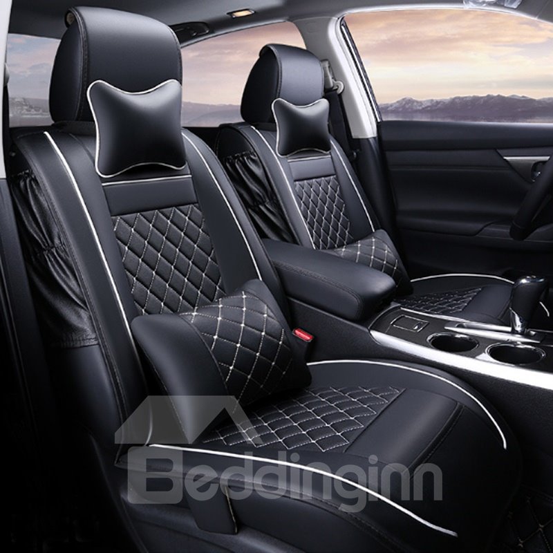 5-Seater Car Seat Covers Luxurious Classic Plaid Pattern White Trims PU Leather Universal Car Seat Cover Fit for Sedan SUV and Truck with Lumbar Pillow*2 Headrest Pillow*2