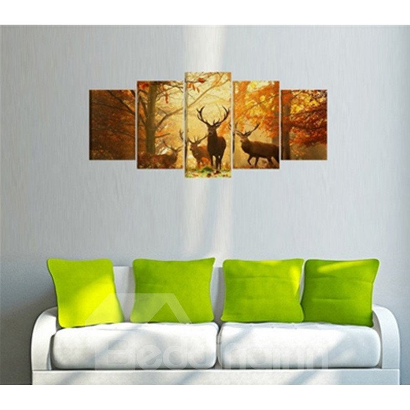 Yellow Walking Deer and Forest Hanging 5-Piece Canvas Eco-friendly Non-framed Prints