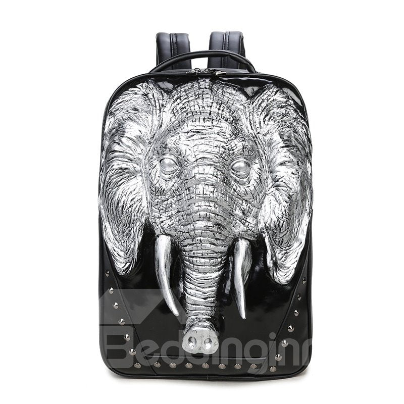 Mochila con tachuelas de cabeza de elefante 3D Mochila de cuero de PU Bolso de hombro
