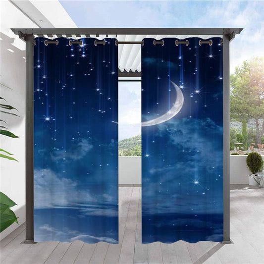 Modern Blue Galaxy Moon Outdoor Curtains 3D Scenery Cabana Grommet Top Curtain Waterproof Sun-proof Heat-insulating 2 Panels