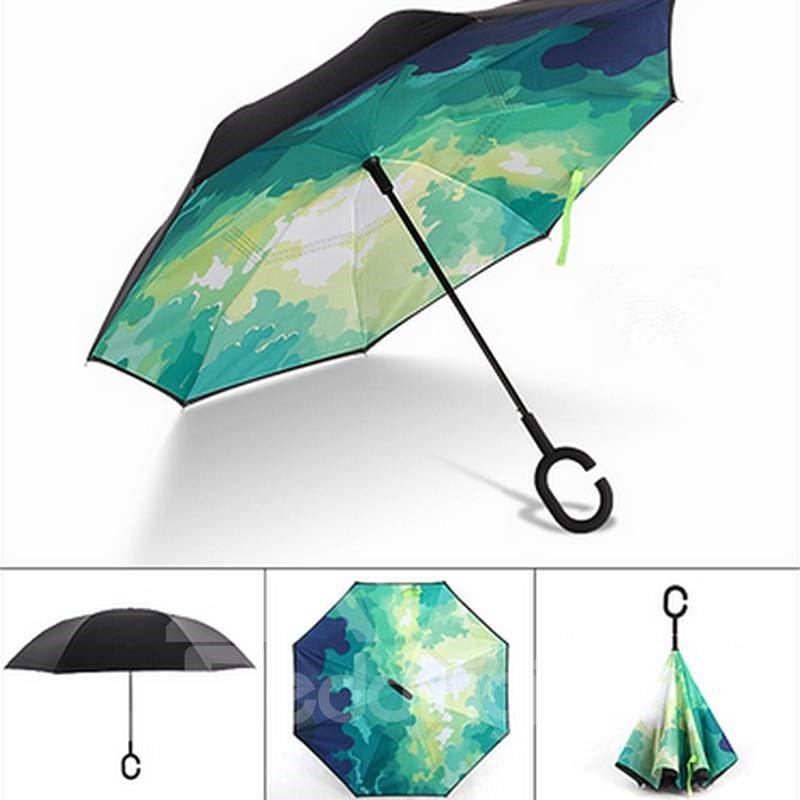 Paraguas inverso a prueba de viento de doble capa con patrón de cielo vivo