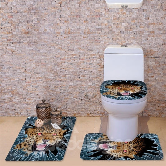 3D Fierce Leopard Printed Flannel 3-Piece Toilet Seat Cover