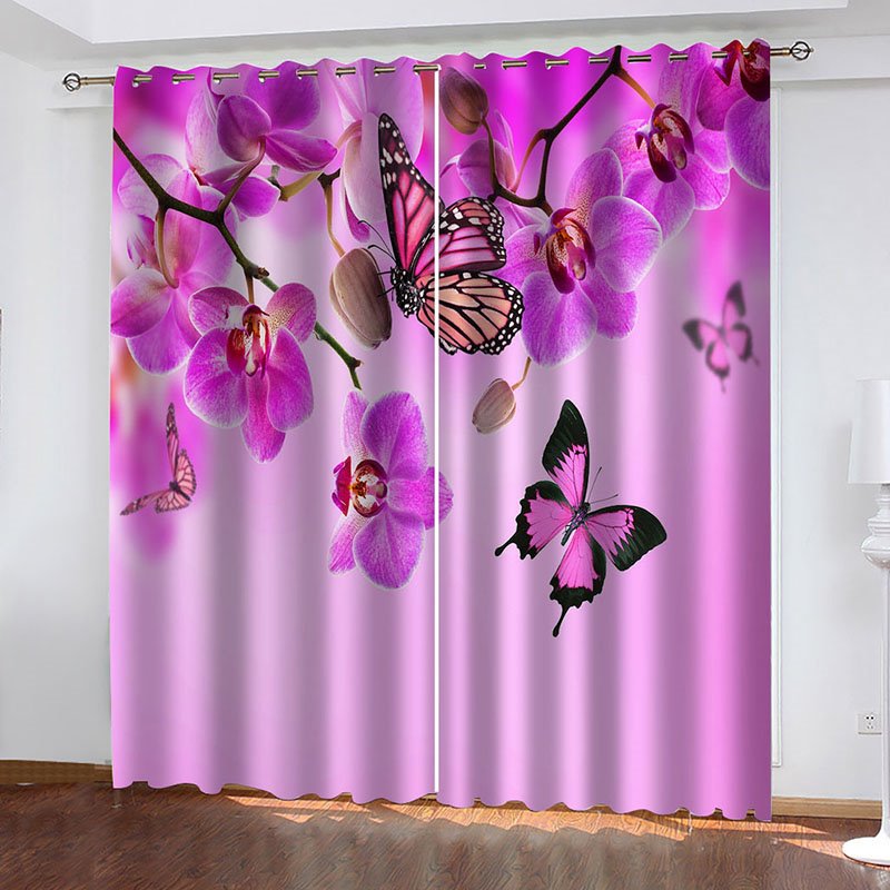 Cortinas opacas 3D para sala de estar, dormitorio, con mariposas y estampado floral, sin pelusas, sin decoloración, sin forro, bloquean el 80 % de la luz y el 90 % de los rayos UV.