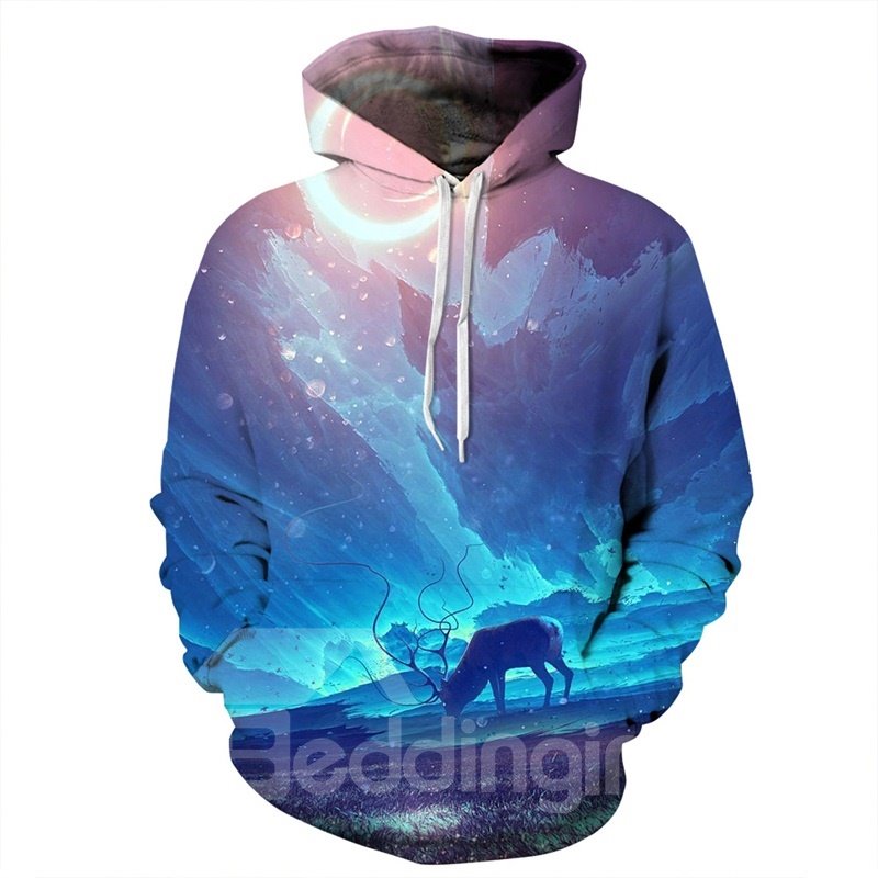 Sudadera con capucha pintada en 3D con bolsillo y patrón de antílope de manga larga