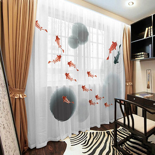 3D Goldfish Ink Painting Sheer Curtain Decoration 2 Panels Chiffon Sheer for Living Room 30% Shading Rate No Pilling No Fading No off-lining