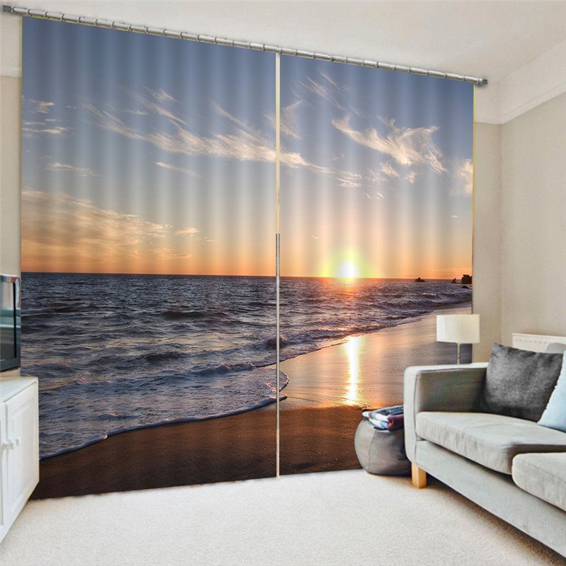 Wonderful Seaside Sunset 3D Curtains Beach Scenery Printed Polyester Blackout Modern Style Dust-Proof Custom Curtains