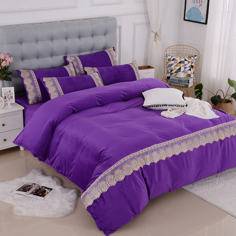 European-style Simple Lace 4-Piece Plush Bedding Set/Duvet Cover Set Warm Solid Color Fluffy Bedding