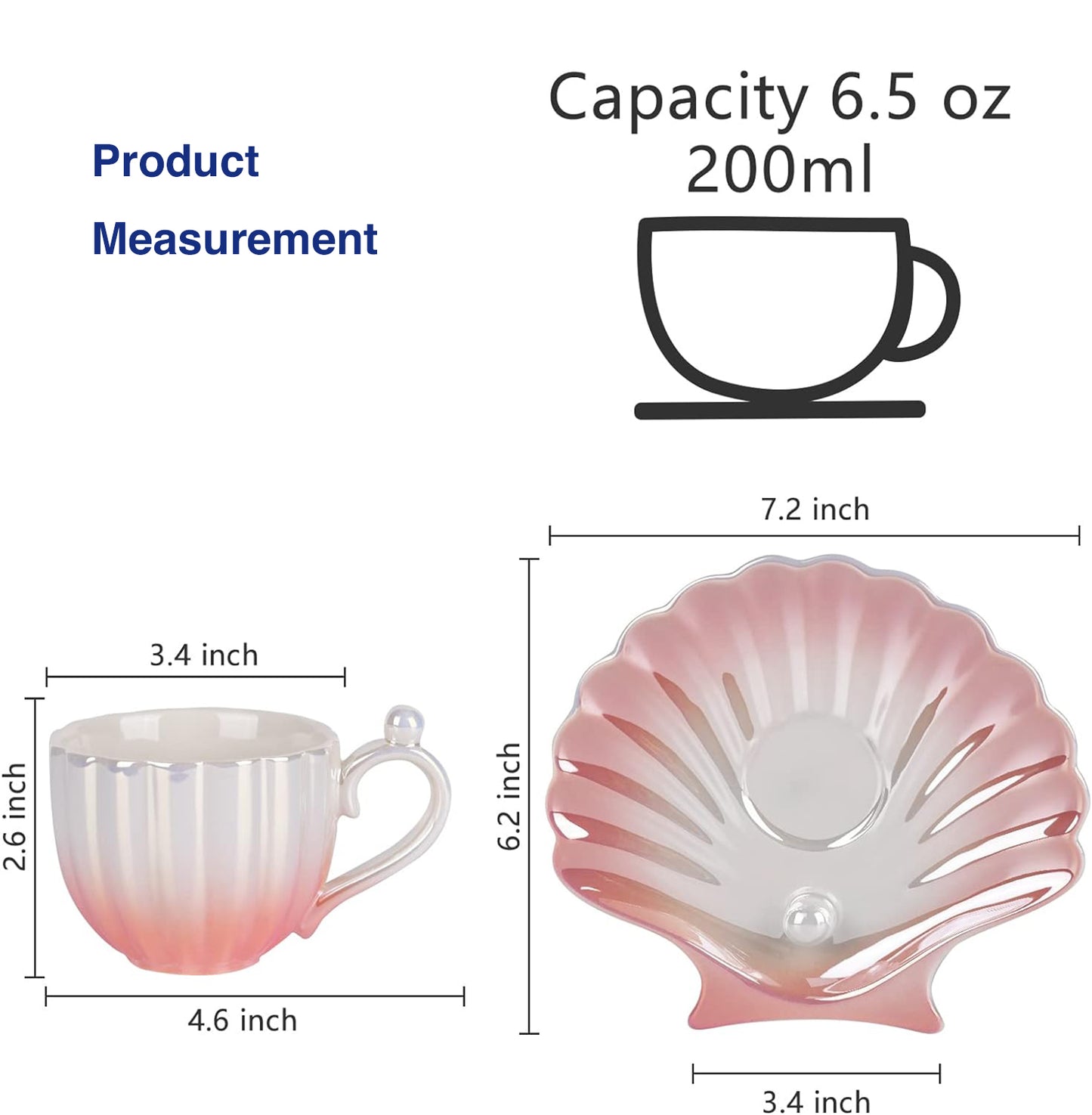 Gradient Color Ceramic Coffee Mug with Saucer, Glossy Pearl Shell Style Tea Cup 6.5 Oz for Tea Latte Milk
