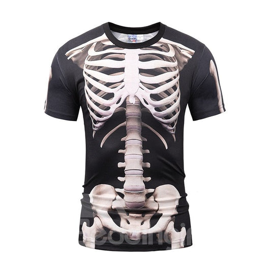 Schwarzes Polyester-Sport-Rundhals-3D-T-Shirt für Herren mit Skelettdruck 