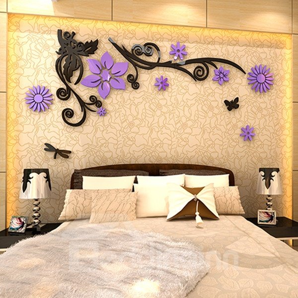Pegatinas de pared acrílicas 3D con patrón de flores elegantes y ramas negras