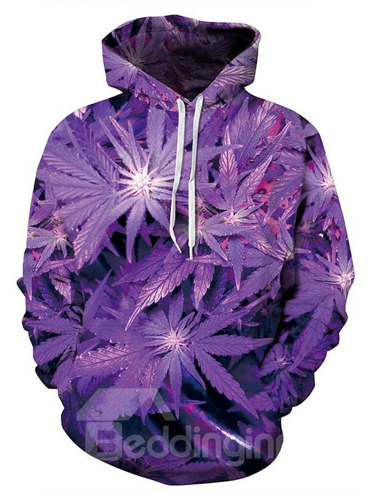 Sudadera con capucha moderna pintada en 3D con estampado de hojas moradas de manga larga