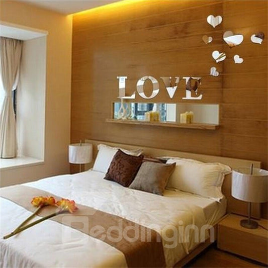 Pegatinas de pared de fondo de TV y sofá con espejo 3D con patrón de corazón y letras de amor