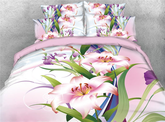 3D Lily 4-teiliges Bettbezug-Set, Mikrofaser-Bettbezug mit Reißverschluss und Eckbändern, 2 Kissenbezüge, 1 Bettlaken, 1 Bettbezug, weich, hautfreundlich, Weiß, Rosa, Blau 