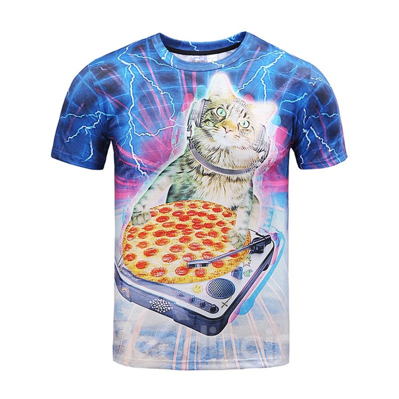 Funny Round Neck Cat and Pizza Pattern 3D Painted T-Shirt