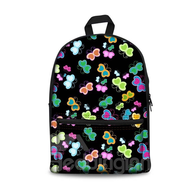 3D Colorful Vivid Butterflies with Black Bottom Color Pattern Washable Lightweight 3D Printed Backpack