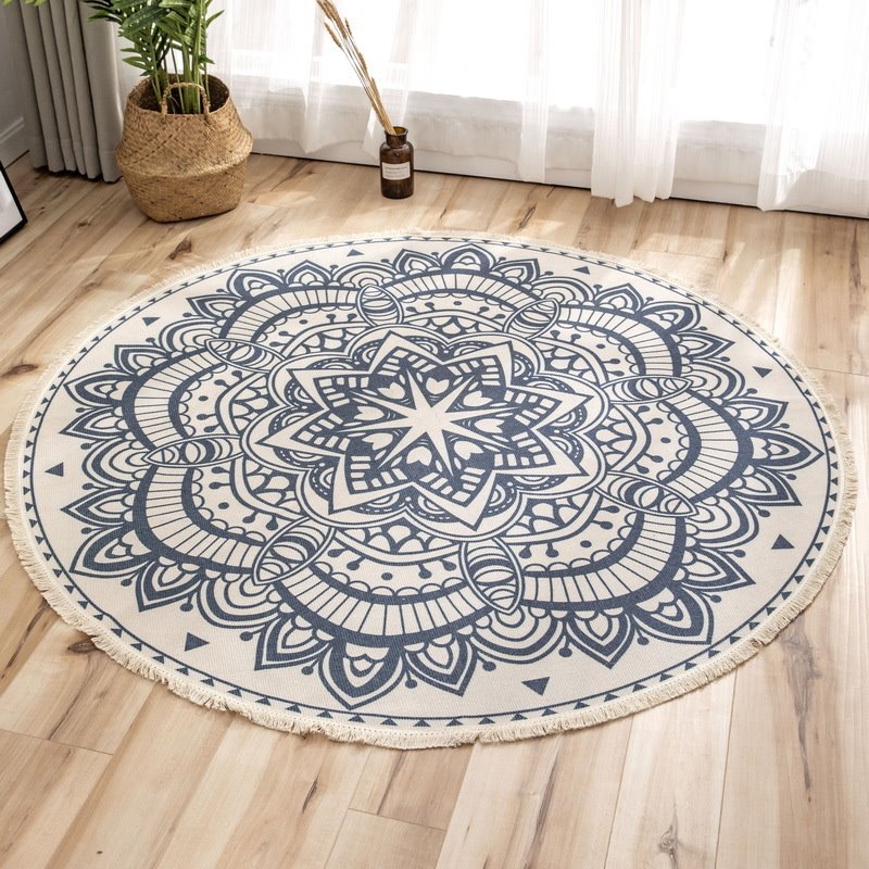 Rutschfester runder Bodenteppich aus 100 % Baumwolle mit Mandala-Aufdruck für Wohnzimmer und Schlafzimmer 