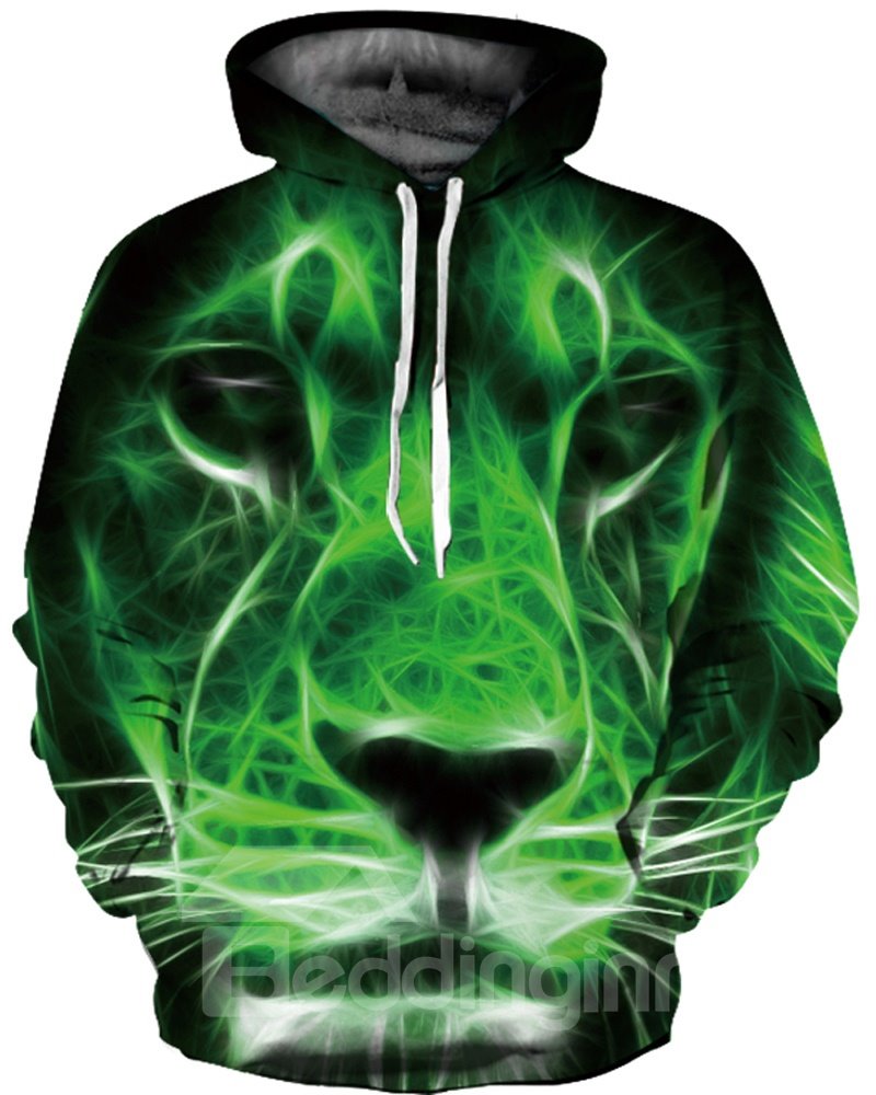 Sudadera con capucha pintada en 3D con estampado de cara de león verde de manga larga única