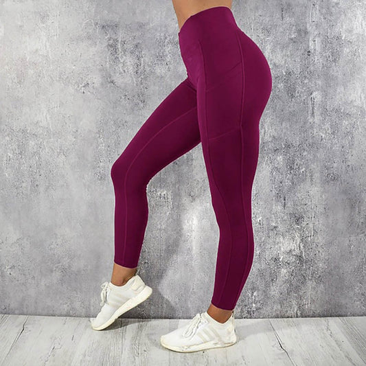 Pantalones de yoga casuales de cintura alta, pantalones de entrenamiento con control de barriga de color sólido para mujeres, leggings de yoga elásticos en 4 direcciones