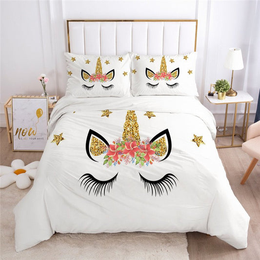 Juego de cama de 3 piezas con diseño de unicornio de dibujos animados, regalo de poliéster suave y agradable para la piel para dormitorio de niñas 