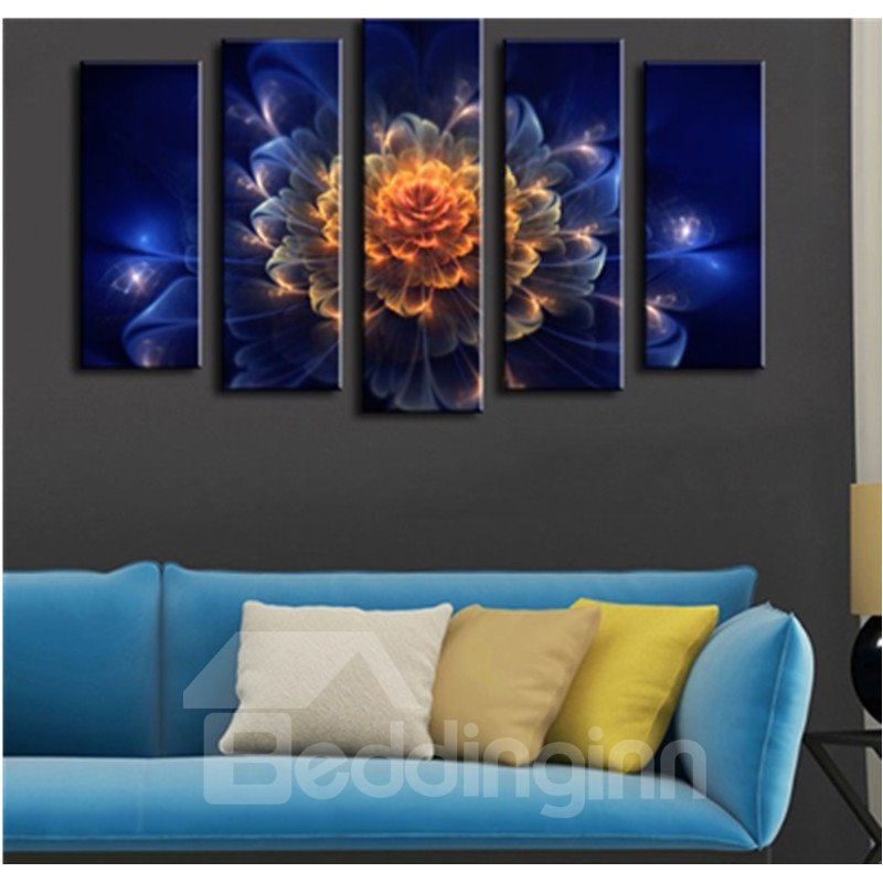 Blue Background with Blooming Flower Printed Hanging 5-Piece Canvas Eco-friendly Waterproof Non-framed Prints