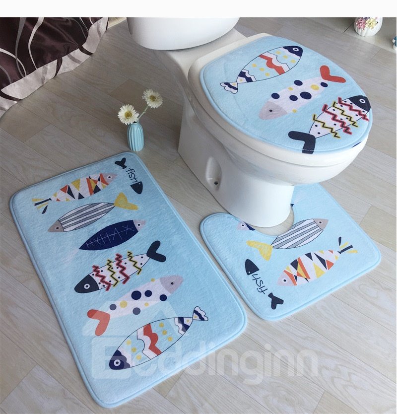 Blue Fish Pattern 3-Piece Flannel PVC Water-Absorption Anti-slid Toilet Seat Covers