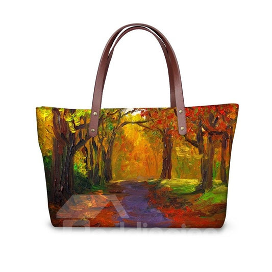 Painting Forest Path Maple Leaf Waterproof Sturdy 3D Printed for Women Girls Shoulder HandBags