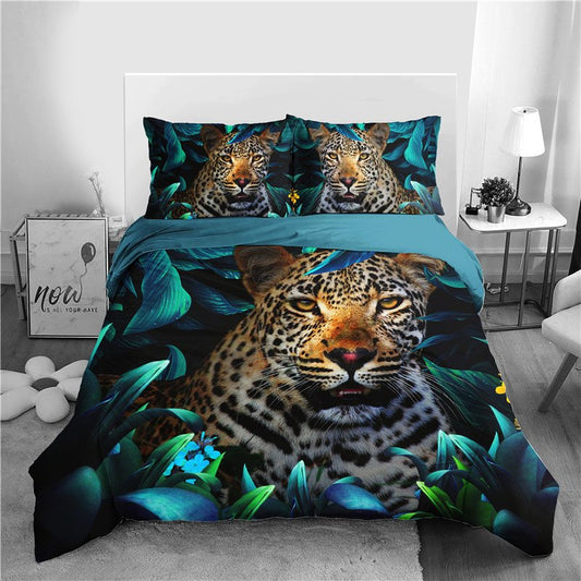 Leopard Bedding Set 4-Piece Duvet Cover Set with Flat Sheet 2 Pillowcases, Leopard in the Jungle Animal Print Bedding