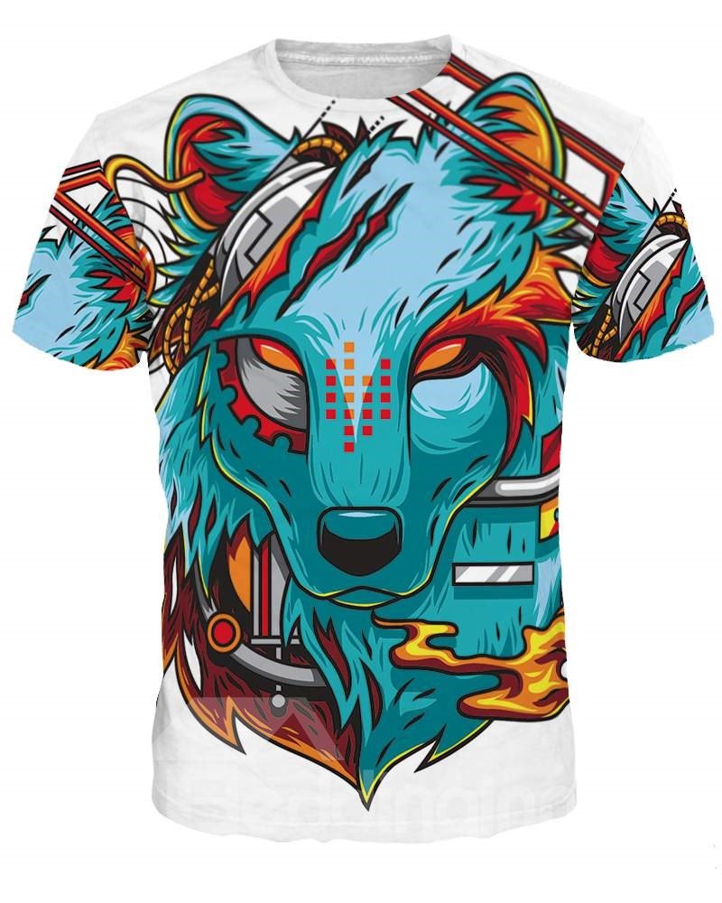 Camiseta pintada en 3D con estampado de cara de lobo de dibujos animados y cuello redondo fresco