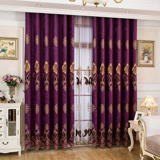 Cortinas opacas moradas de chenilla, bordado vintage europeo, cortinas con ojales, nobles y elegantes para la decoración del dormitorio de la sala de estar, cortinas personalizadas de 2 paneles 