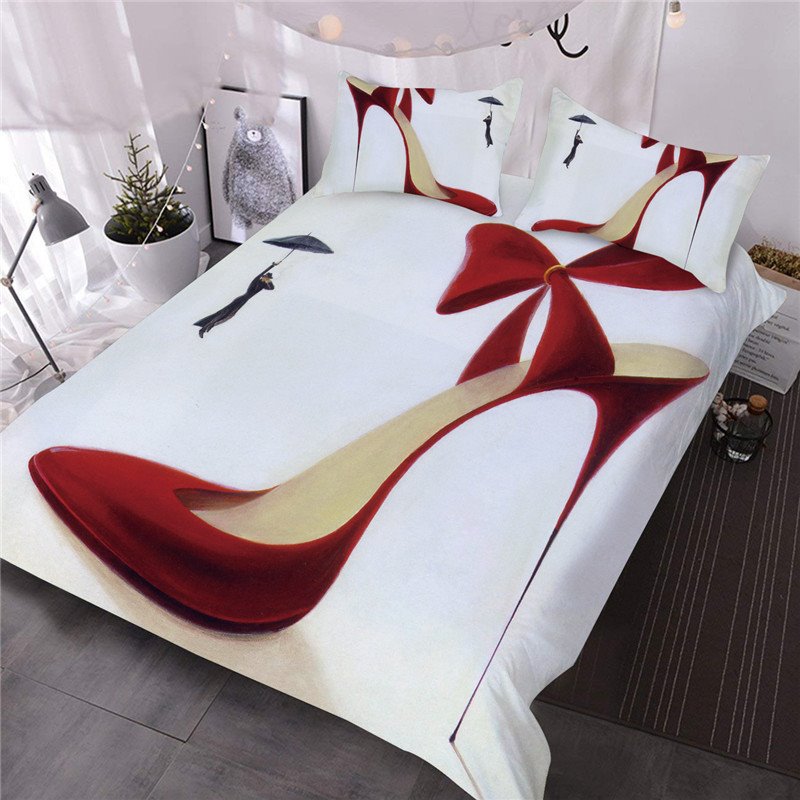 Juego de edredón de 3 piezas con estampado de tacones altos y lazo rojo sexy, 2 fundas de almohada, 1 edredón, juego de cama de microfibra ultrasuave 