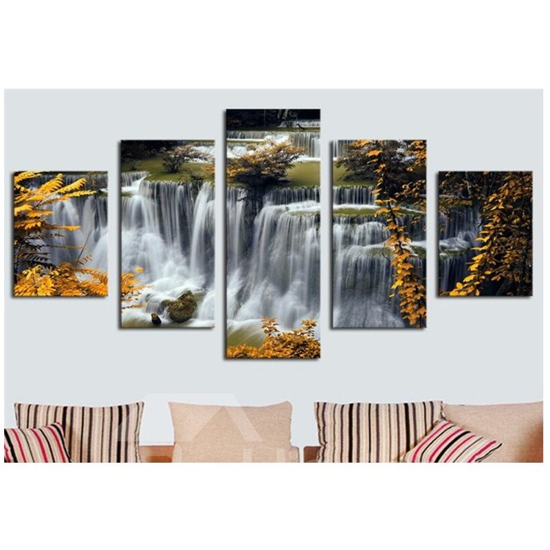 Yellow Leaves and Waterfall 5-Piece Canvas Non-framed Wall Prints